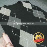 R38 - Rompi Rajut Pria & Wanita | Warna Hitam Motif Kotak Garis Abu Putih | Vest Bahan Premium 100%