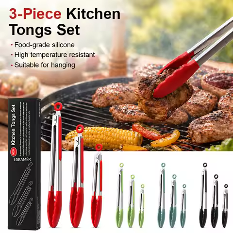 7/9/12 Inch Food Grade Silicone Kitchen Tongs 3 Size Kitchen Tongs Stainless Steel Heat Resistant BB