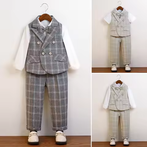 Korean Autumn Children Boys 3/4Pcs Suit Loose Kids Boys Plaid Grey Vest Shirt Pant Suit Outfits Set 
