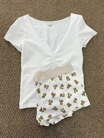 White V Neck T-shirts+little Bear Print Shorts Two Piece Set Cute Home 2 Piece Sets Women Outfit Swe