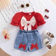 2pcs Baby Girl Summer Cute Red Round Neck Puff Sleeve Top With Bow,Blue Denim Shorts Set,Perfect For