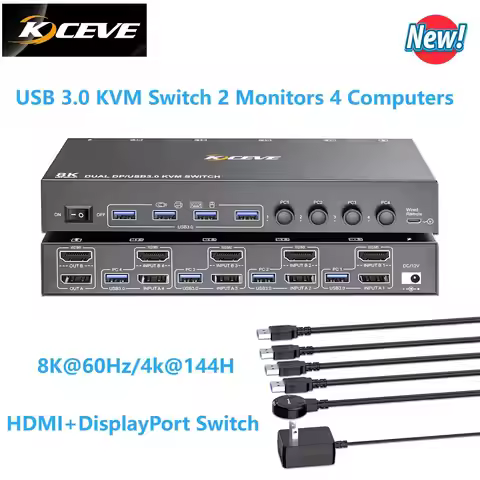 USB 3.0 KVM Switch 2 Monitors 4/3 Computers HDMI+DisplayPort,KCEVE 8K@60Hz/4k@144Hz KVM Switch for 4