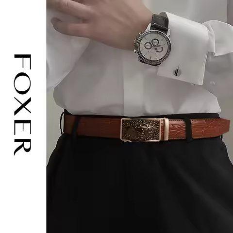 FOXER Light Luxury Men's Belt Cowhide Leather Crocodile Automatic Buckle Belts Adjustable Waistband 