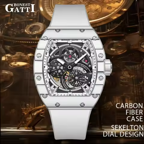 BONEST GATTI Men Automatic Movement Mechanical Watch Carbon Fiber Bezel Tonneau Luminous Case Fluoro