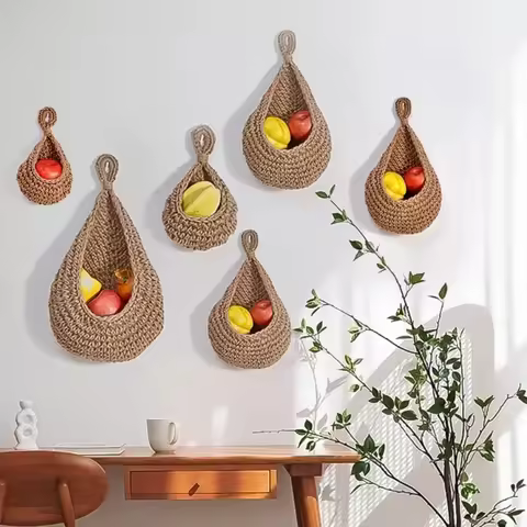 Handwoven Hanging Wall Fruit Vegetable Basket Organizer Container Decor for Kitchen Garden Mount Wal