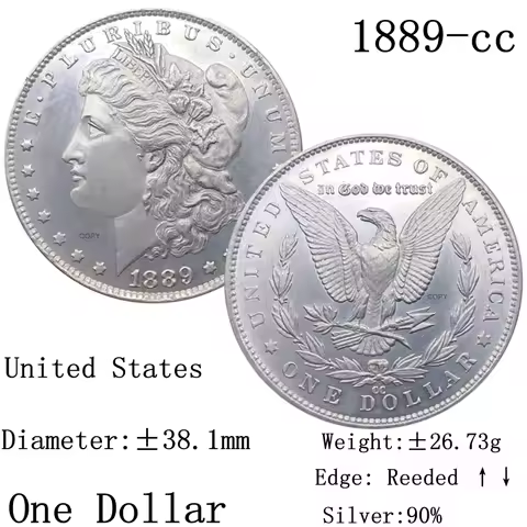 United States Of America 1889 CC Morgan 90% Silver 1 One Dollar Copy Coin Liberty USA In God Collect