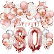 66 Pcs Rose Gold 80th Birthday Balloon Set,Number Balloons,Banner, for 1 2 3 13 16 18 21 30 40 50 60