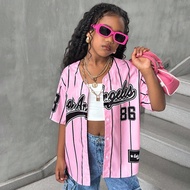 Tween Girls Chic Streetwear Striped Woven Black & White Letter Printing Short Sleeve Shirt Pink Jers