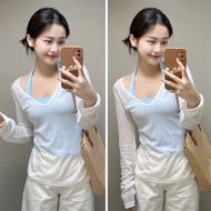 Women's transparent V-neck t-shirt set with camisole worn in a set of 2 pieces made of cotton paper 