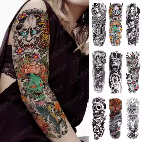 Large Full Arm Sleeve Waterproof Temporary Tattoo Sticker Dragon Tiger Skull Prajna Cross Fake Tato 