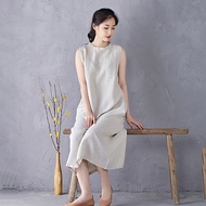 ชุดเดรสยาวผ้าลินินแขนกุดสไตล์ใหม่สำหรับผู้หญิง เสื้อเชิ้ตคอปกสูงทรงเอ สไตล์จีนโบราณ ฤดูร้อน แบรนด์ G
