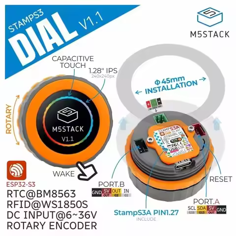 M5Stack Officail Dial v1.1-ESP32-S3 Smart Rotary Knob w 1.28" Round Touch Screen
