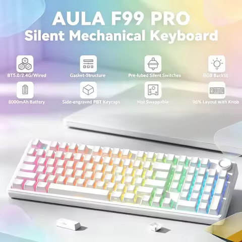 AULA F99 Pro Silent Mechanical Keyboard for Office Three Mode Hot Swappable RGB Backlit 96% Layout W
