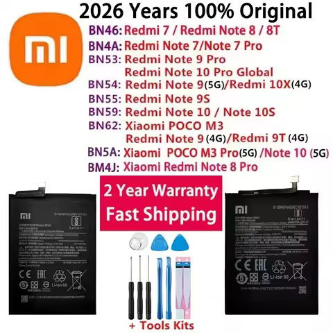 2026 Years 100% Original Battery For Xiaomi Redmi 7 9T 10X POCO M3 Note 7 8 8T 9 9S 10 10S pro Batte