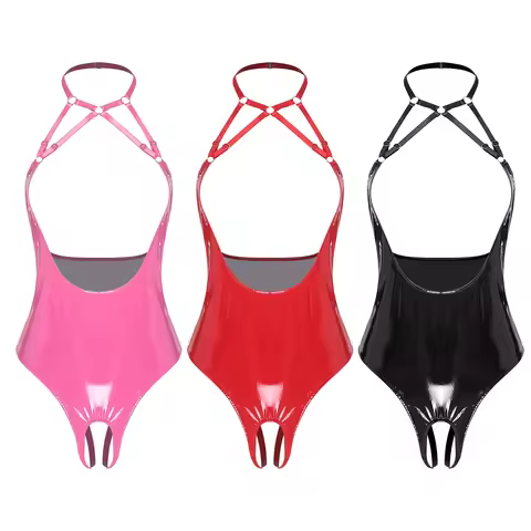 Womens Latex Lingerie Open Chest Patent Leather Bodysuit Halter Backless Crotchless Open Cup Teddies