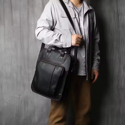 Men's Leather Handbag Casual Messenger Bag Top Layer Leather Vertical Briefcase Shoulder Bag Suitabl