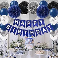 COLOUR MAGIC Navy Blue and Silver Birthday Decorations with Happy Birthday Banner Latex Balloons Tissue Pompoms Paper Flowers for 1th 18th 20th 21st 30th 40th 50th 60th Birthday Decorations for Men