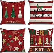 Cushion Cover, 65x65cm Set of 4, Christmas Red Green White Geometry Soft Velvet Throw Pillow Cases 26x26in, Square Sofa Cushion Cover with Invisible Zipper for Couch Bed Car Bedroom Home Decor