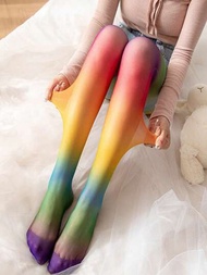 1條女士數字印花彩虹絲襪,薄款個性條紋漸變色連褲襪