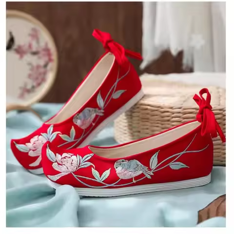 2026 Women's Red Chinese Style Floral & Bird Embroidery Hanfu Flat Shoes Bow Tie Strap Casual Daily 