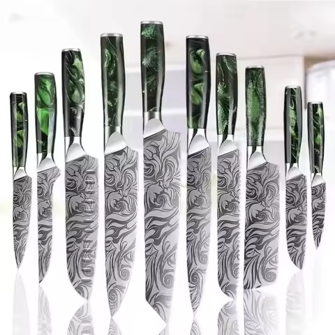 Ultra Sharp Kitchen Santoku Boning Knives Damascus Pattern Chef Knife Set Paring Knife Green Resin H