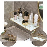 Rak Gantung Tempel Dinding Kamar Mandi Elegan Mewah Bahan Besi Warna Gold dan Alas Kaca WMO YUW01A