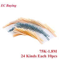 240pcs 75K-1.8M Ohm 1/4w Resistance 5% Metal Film Resistor Resistance Assortment Kit Set 24 Kinds Ea