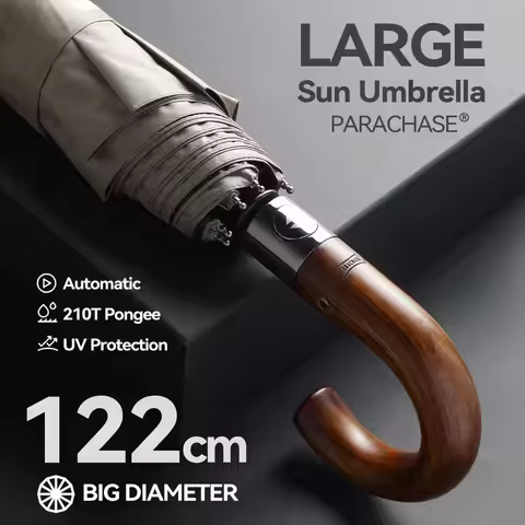 PARACHASE Large Umbrella Men Windproof Strong, Luxury Automatic Umbrella UV Protection, Wooden Handl