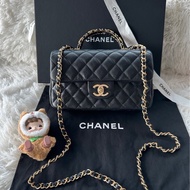 香奈兒 Chanel 25B cf 小號 logo手柄 黑金 手提 斜挎 單肩 荔枝牛皮 黑金