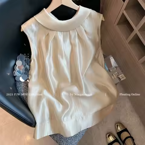 Women's Shiny Sleeveless Peter Pan Collar Top Ruffled Neck Loose Fit Elegant Casual Autumn Winter Mu