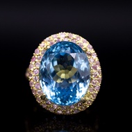 แหวนพลอยของแท้ พลอยโทปาส (Topaz) ล้อมพิ้งค์แซฟไฟร์ (Pink Sapphire) ตัวเรือนเงินแท้92.5%ชุบทอง พลอยน้ำเงินอมสีฟ้าน้ำทะเลเข้ม ไซด์นิ้ว 54 หรือ เบอร์ 7US