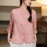 Korean Version Retro Stand-Up Collar Embroidered Shirt Women 2025 Western Style Age-Reducing Loose F