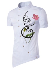 Áo sơ mi nam cộc tay mẫu thiết kế vạt chéo với họa tiết chữ BÌNH AN và HOA SEN mới lạ - H95