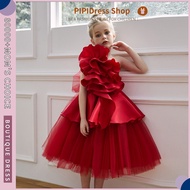 【Ready Stock】PiPi Kids' Girls' Red Formal Gown｜ One - Shoulder 3D Flower + Tulle Skirt, Glamorous & 