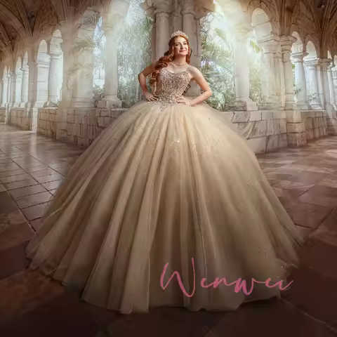 Sophie Store Customized Shiny Champagne Quinceanera Dresses Spaghetti Ball Gown Beading Crystal Swee