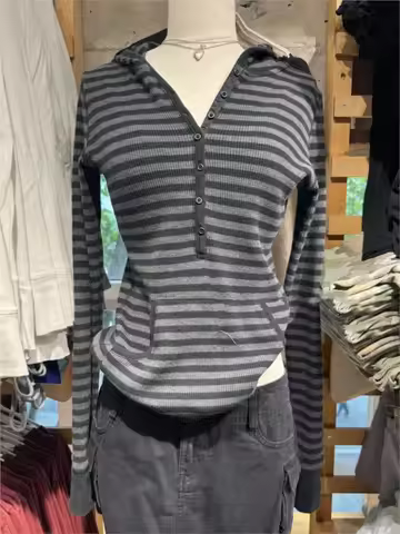 Gray Striped Waffle Hooded T-shirt Women Five Button CottonSlim Long Sleeve Tee Shirt Casual Preppy 