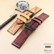 🇭🇰 包郵 ⌚️ Amber Yellow Vintage mens leather Porous watch straps rustic leather band 20mm 22mm 24mm 真皮