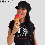 LALA IKAI Summer Chic Top Tee Women Angel Demon Printed Cotton T-Shirts Females Short Sleeve Black H