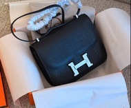 HERMES Constance 19 銀扣 霧面鱷魚皮 單肩斜孭包 黑色