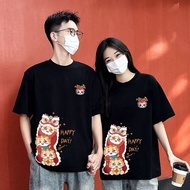 M-8XL 2025 Dragon Year Chinese Style Street Retro Cartoon Lion Awakening Print Round Neck Short Slee