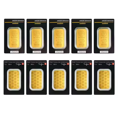 1~10pcs Argor Heraeus 1oz Gold Bar 24K Gold Plated Brass Gold Bullion with An Independent Serial Num