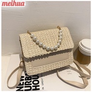 MEIHUAA Straw Beaded Messenger Bag, Pearl Metal Ladies Handbag, High Quality Weave Straw PU Leather Trend Purses Women