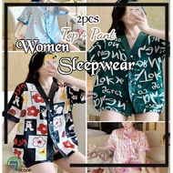 Baju Tidur Perempuan Ice Silk Button Two-Piece Set Woman Pajamas Short-Sleeved Women's Pyjamas sleep