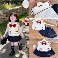 Cute Cream Blouse Set with Red Bow Collar and Charcoal Green Pleated Skirt DT1733 for Girls 8-20kg