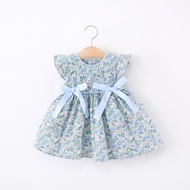 Summer New Blue Floral Baby Girl Dress Sweet Bow ChildrenS Sleeveless Clothes (9 Months -4 Years Old