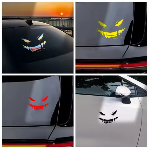 Demonic Evil Smile Reflective Hollow Car Sticker - Creative Emoji for Motorcycles, Waterproof Eye De