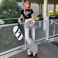 สีเทาเข้ม American High Street Wide Leg กางเกงยีนส์ ผู้หญิง หลวม Drape Slim Straight Floor-Length กา