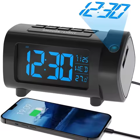 Upgrade Digital Projection Alarm Clock with Radio 4-Level Dimming Rechargeable Bedroom Projection Al
