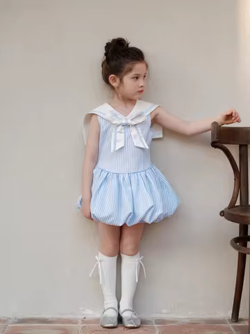 2026 New Summer Navy Style Toddler Girl Blue Striped Bloom Dress with Matching Shorts