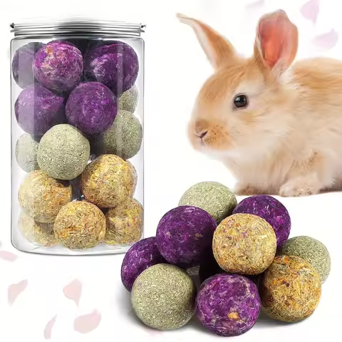 30Pcs/15Pcs Bunny Chew Toys, 100% Natural Flowers Flavored Timothy Hay Balls Rabbit Chew Treats for 